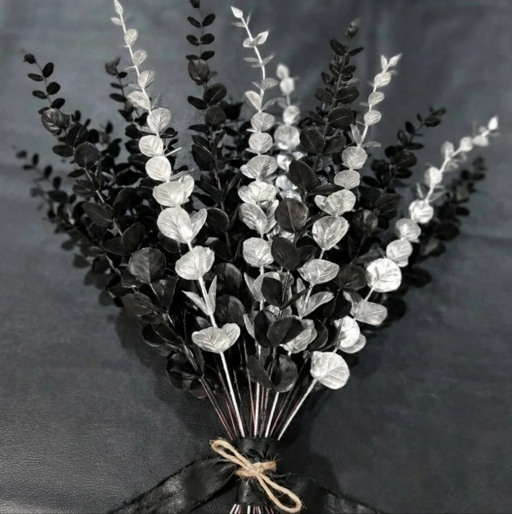Set of 15 Faux Eucalyptus Stems - 10 Black & 5 Silver - 15